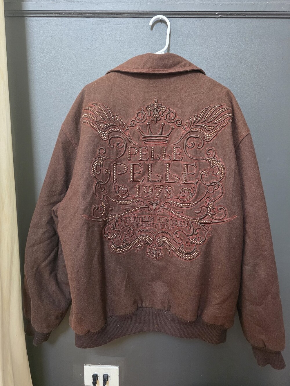 Vtg Pelle Pelle Brown Wool Bomber Jacket Mens 3XL Studs Embroidered Logo Y2K